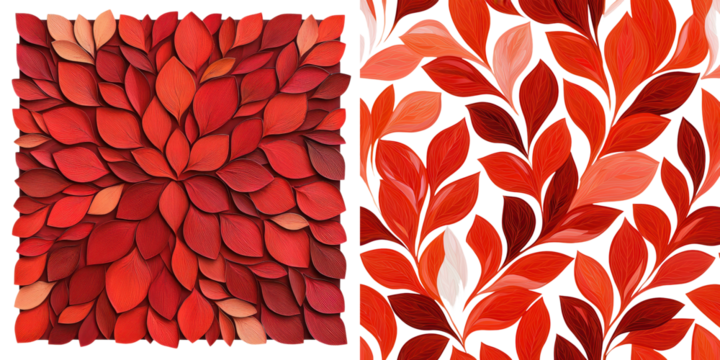 Vibrant red leaf patterns seamlessly repeating to form an abstract floral art Stylized and symmetrical design with botanical elements in warm autumn colors - Powered by Adobe