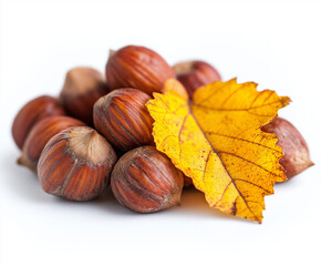 Fresh Hazelnuts with Bright Yellow Maple Leaf on White Background – Perfect Autumn-Themed Food and Nature Concept Image for Seasonal Designs and Promotions