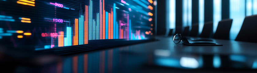Modern office boardroom with digital data charts, reflecting corporate analysis and strategic planning.