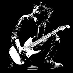 Musician plays electric guitar in dark studio, spotlight background; album art.