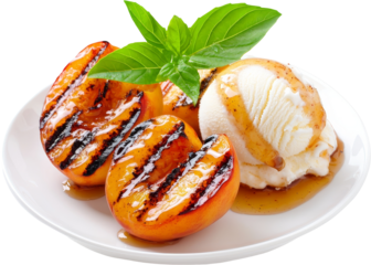 Grilled peaches served with vanilla ice cream and basil garnish.