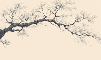 Fototapeta premium A detailed sketch of a tree branch with intricate, bare twigs against a light background.