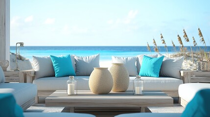 Obraz premium A contemporary beachside living room with light gray sofas and turquoise throw pillows. 