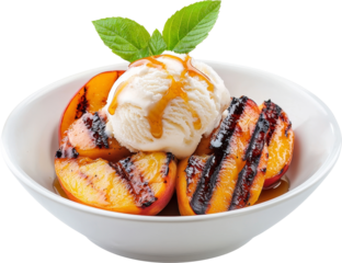 Grilled peaches with ice cream and drizzled syrup, white isolate background.
