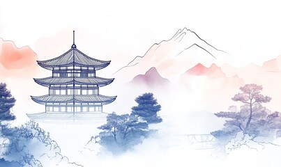 A serene landscape featuring a traditional pagoda amidst misty mountains and trees.
