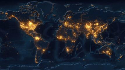 A widescreen digital map of the world showcasing glowing, dynamic connections between continents and cities, set against a deep blue background 