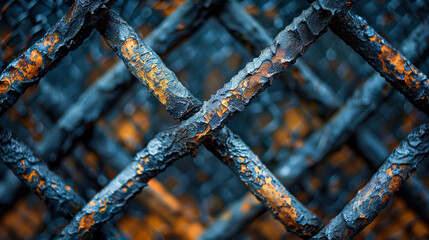 Old rusty lattice made of metal thick wire against orange background. Grid features both square and rectangular cells, geometric pattern of grating. Close-up