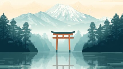 Serene landscape featuring a torii gate reflecting in calm waters with mountains in the background.