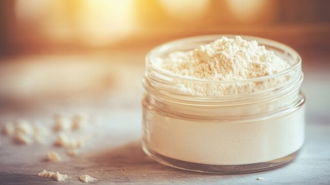 Glass jar filled with collagen placed on a minimalist table, a natural elixir for enhancing skin elasticity, fortifying bones, lubricating joints, and supporting intestinal health.