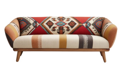 Stylish bohemian sofa with colorful geometric patterns, perfect for enhancing living room decor and adding vibrant interior design flair.