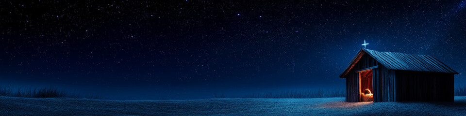 Fototapeta premium Wooden Stable at Starry Night Depicting Jesus Christ Birth Concept with Peaceful Holy Scene