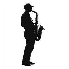 Naklejka premium Saxophonist silhouette, playing jazz, white background, music poster design.