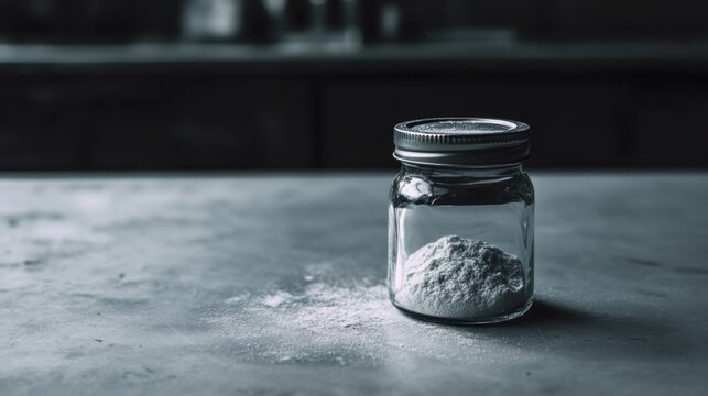 Glass jar filled with collagen placed on a minimalist table, a natural elixir for enhancing skin elasticity, fortifying bones, lubricating joints, and supporting intestinal health.