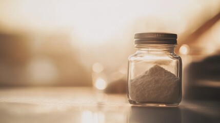 Glass jar filled with collagen placed on a minimalist table, a natural elixir for enhancing skin elasticity, fortifying bones, lubricating joints, and supporting intestinal health.