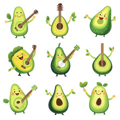 Avocado Band: Nine cheerful cartoon avocados, each holding a guitar, and some with leaves, create a fun and quirky musical band. Perfect for kids' projects, food-themed designs.