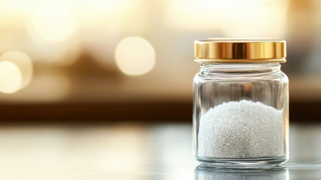 Glass jar filled with collagen placed on a minimalist table, a natural elixir for enhancing skin elasticity, fortifying bones, lubricating joints, and supporting intestinal health.