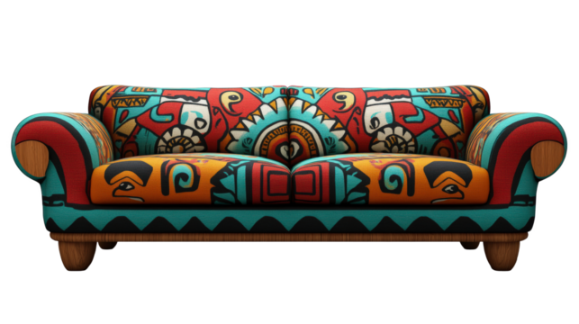 Modern colorful sofa with vibrant, tribal-inspired patterns, ideal for enhancing your living room decor and boosting home aesthetics.