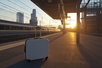 A suitcase waits on a train platform at sunset, suggesting travel and adventure.