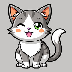 Adorable gray and white shorthair cat winking, isolated on white background. Adorable Gray and White Cat Illustration – Perfect for Pet-Themed Designs and Digital Projects.