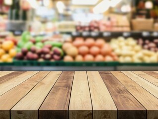 Empty wooden tabletop with blurred supermarket fruit and vegetable display shelf background for product display montage, banner mockup template