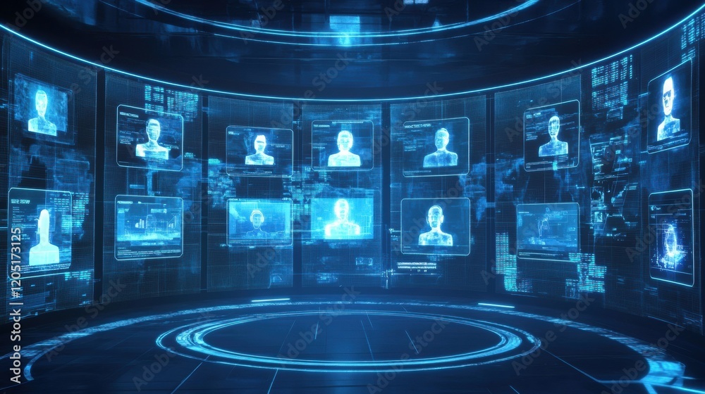 Poster Futuristic digital interface with holographic displays and data analytics in a high tech environment. Generative AI