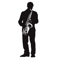 Naklejka premium Saxophonist playing jazz solo, studio silhouette, white background, music poster.