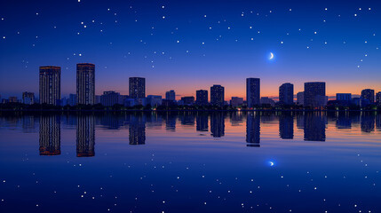 City skyline illuminated by blue lights reflecting on calm waters at night. Generative AI