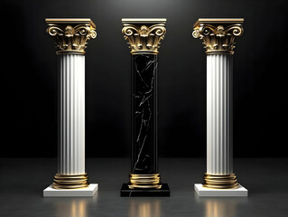 Obraz premium Three Elegant Columns Stand Tall with Gold Accents in a Dark Room Setting