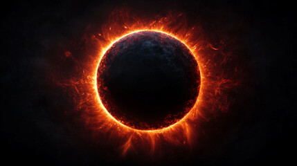 Stunning solar eclipse with glowing fiery corona against a dark sky, capturing nature's breathtaking celestial event.