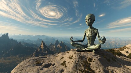 An alien meditates on a mountaintop with a breathtaking view of distant galaxies and swirling cosmic clouds