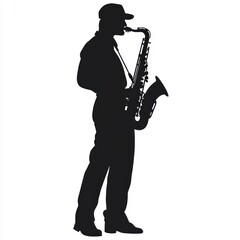 Naklejka premium Saxophonist silhouette playing jazz against white.