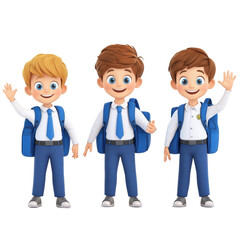 Fototapeta premium Happy Schoolboys: Three cheerful cartoon schoolboys in blue uniforms and backpacks, ready for learning and adventures. They wave and smile, embodying youthful enthusiasm.