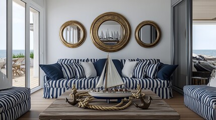 A distinctly nautical beach-style living room featuring navy blue and white striped furniture