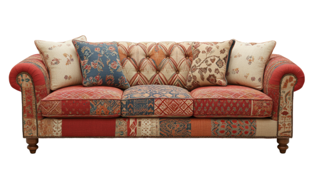 Vintage patchwork sofa with colorful upholstery, offering a unique, artistic design for elegant and cozy living room decor.