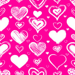 Seamless background with hand drawn hearts, white on pink. Stock vector illustration for your design.