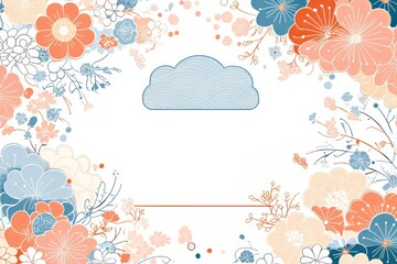 Vibrant floral frame design with soft colors and a central cloud illustration.
