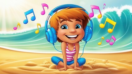 Enjoying music by the beach a cheerful child with headphones summer vibes cartoon style
