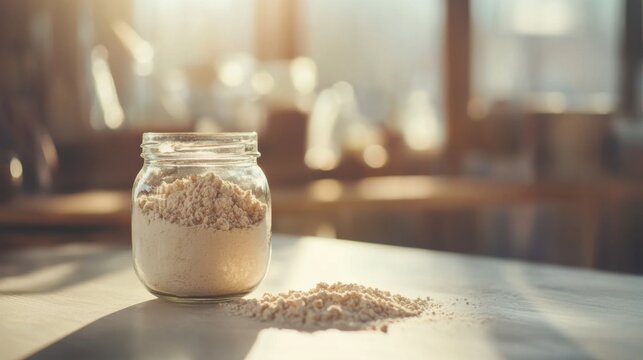 Glass jar filled with collagen placed on a minimalist table, a natural elixir for enhancing skin elasticity, fortifying bones, lubricating joints, and supporting intestinal health.