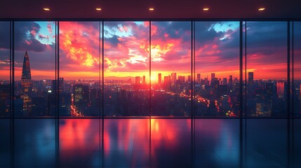 Cityscape sunset viewed from modern office