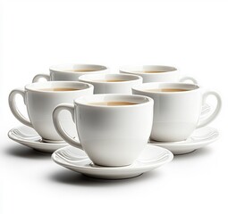 Obraz premium Six White Tea Cups and Saucers Arranged in a Row