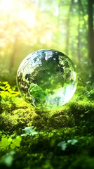 Glass Globe Rests on Mossy Forest Floor in Sunlight: An Environmental Concept