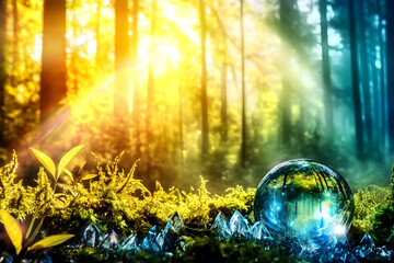 Obraz premium Magical Crystal Ball Glows in Enchanted Forest with Moss and Crystals Mysteriously