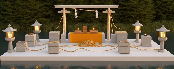 A serene altar with lanterns and offerings, set in a tranquil natural environment.