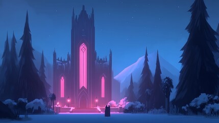 Fototapeta premium Illuminated Gothic Cathedral in Winter Night