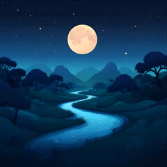 Fototapeta premium Serene River Flows Gently Under the Full Moon in a Night Landscape Illustration