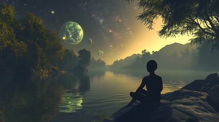 An alien sits by a tranquil river with a clear view of space, planets, and glowing celestial bodies