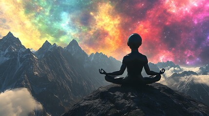 Obraz premium An alien meditating on a mountain ridge with a panoramic view of a colorful cosmic expanse