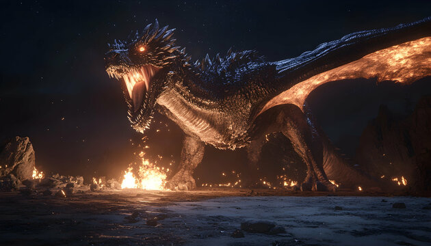 Giant dragon breathing fire in a black night sky, an epic battle against evil a?" concept art AI Generated