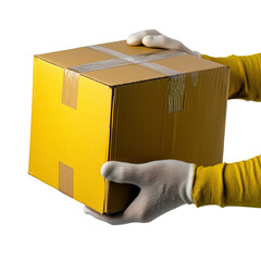 A person holding a yellow cardboard box with gloves, ready for delivery or shipping.