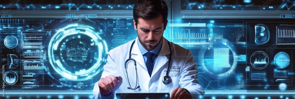 Poster healthcare professional analyzes patient data using advanced technology in a modern medical environm